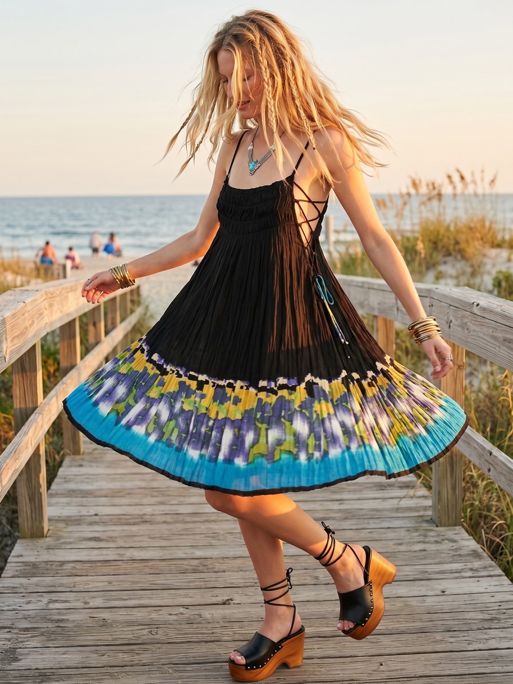 Free People FP One Lace Up Bohemian Beach Pintuck Summer Twirl Dress XS Black
